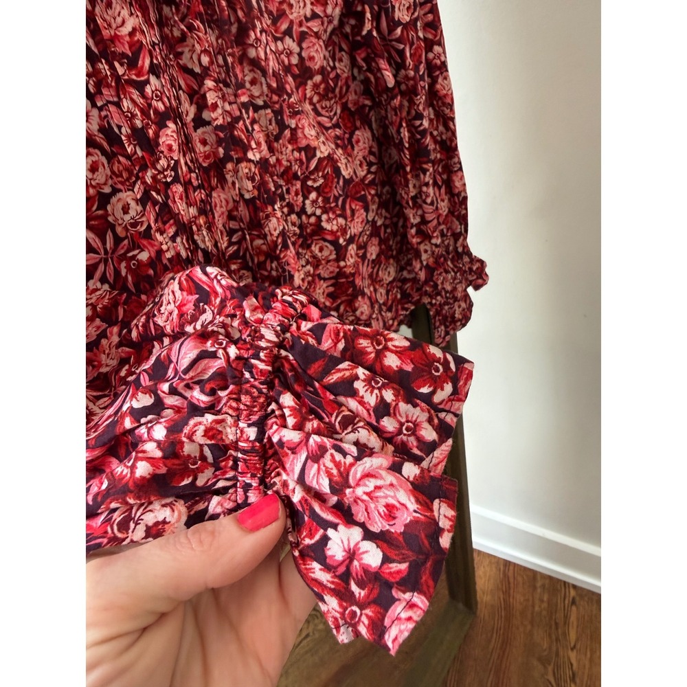 Talbots Petite Red Floral Pintuck Ruffle Tie Neck Cotton Blouse SP Womens - Picture 7 of 8